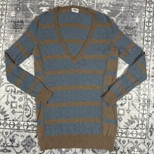 Wallace XS Blue Brown Striped V-Neck Sweater Rabbit Hair Cashmere Lambswool